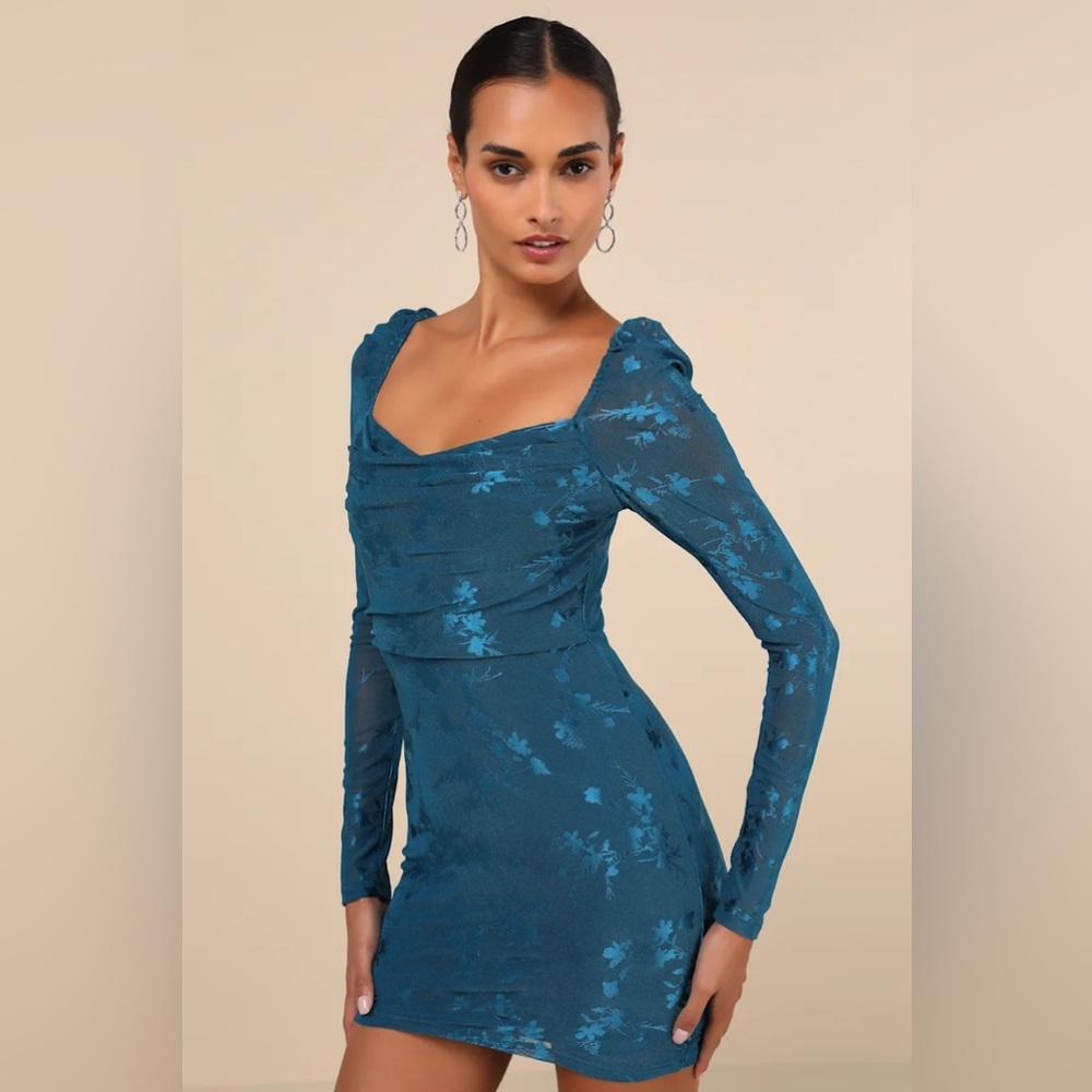 Lulus Dark Teal Mesh Floral Long Sleeve Mini Dress - XS